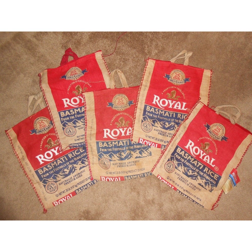 5 Royal Basmati Rice Bags 20lbs Zip Shut Handles Heavy Duty Burlap No Rice DIY